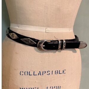 Naf Naf Vintage Black Leather Western Belt Silver Rose Concho Diamond Studded